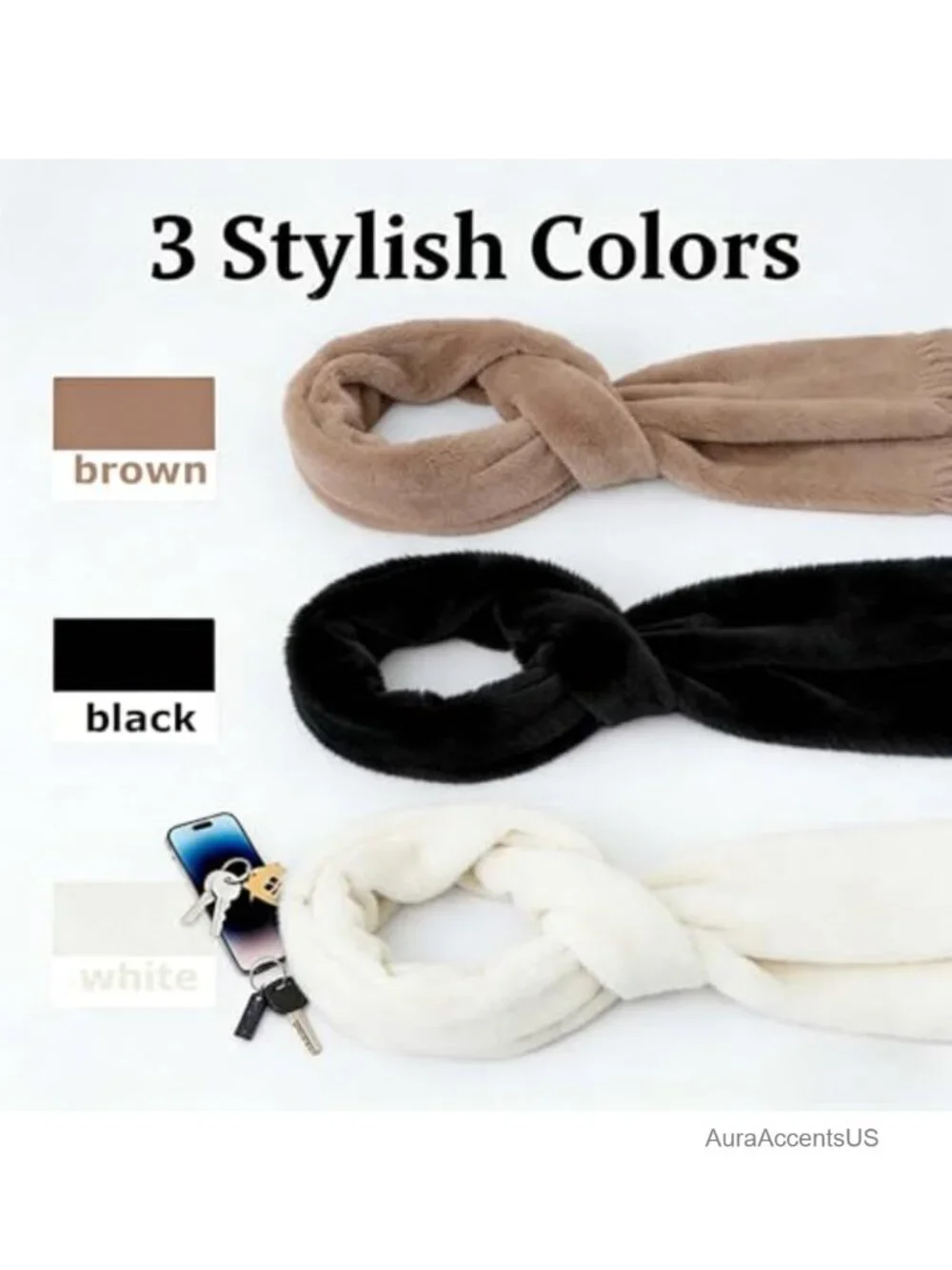Faux Fur Pull Through Scarf with Hidden Zipper Pocket, Machine Washable